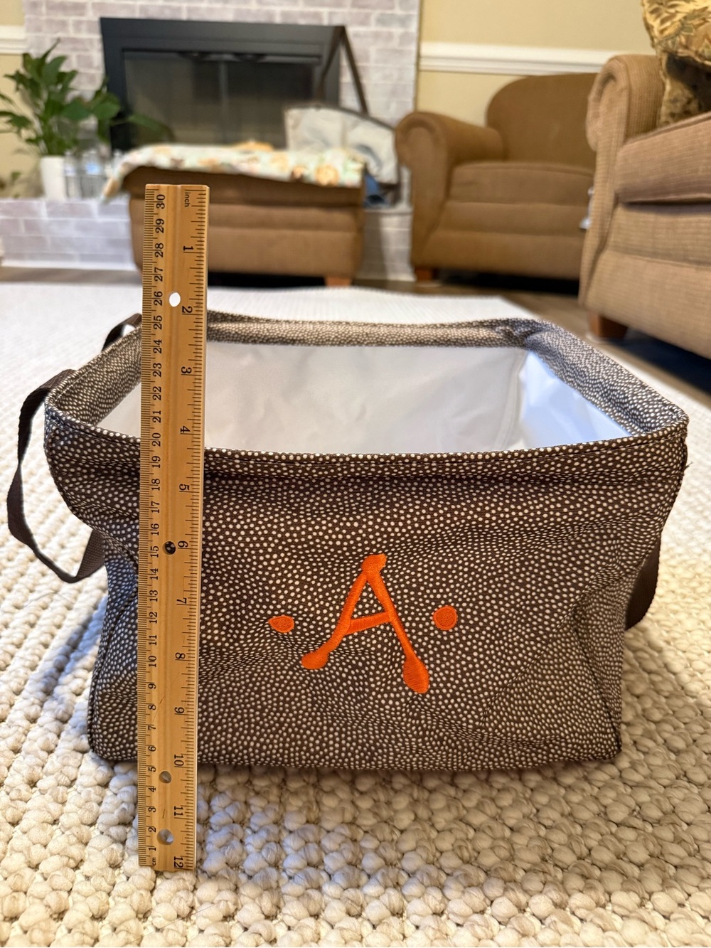 thirty-one Brown Dot Fabric Storage Bin with Orange Initial “a”